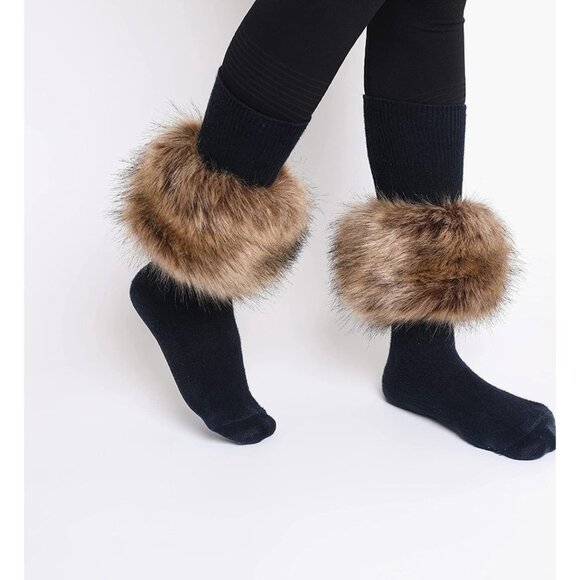 Brown Fuzzy Faux Fur Pom Pom Wrist Cuffs Furry Bands Arm Warmers Boot Covers - Picture 6 of 7